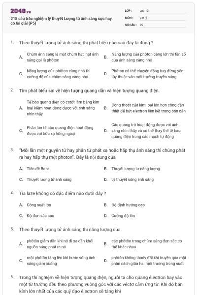 215 câu trắc nghiệm lý thuyết Lượng tử ánh sáng cực hay có lời giải (P5)