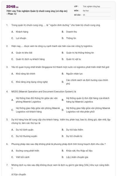 700+ câu Trắc nghiệm Quản lý chuỗi cung ứng (có đáp án) - Phần 12