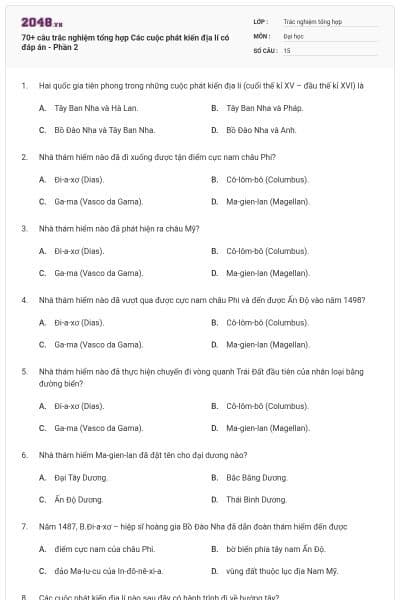 70+ câu trắc nghiệm tổng hợp Các cuộc phát kiến địa lí có đáp án - Phần 2