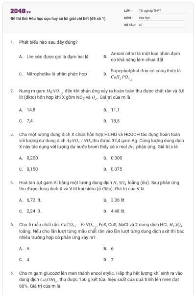 Đề thi thử Hóa học cực hay có lời giải chi tiết (đề số 1)