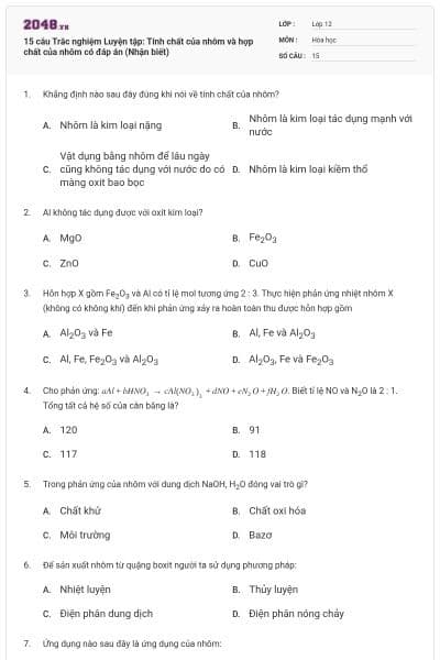 15 câu Trắc nghiệm Luyện tập: Tính chất của nhôm và hợp chất của nhôm có đáp án (Nhận biết)