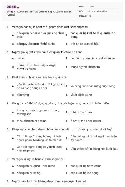 Bộ đề 4 - Luyện thi THPTQG 2019 tổ hợp KHXH có đáp án (GDCD)