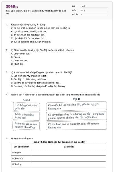 Giải VBT Địa Lý 7 Bài 14. Đặc điểm tự nhiên bắc mỹ có đáp án