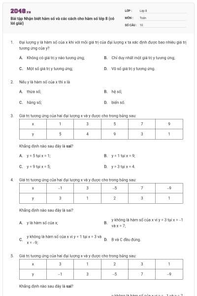 Bài tập Nhận biết hàm số và các cách cho hàm số lớp 8 (có lời giải)