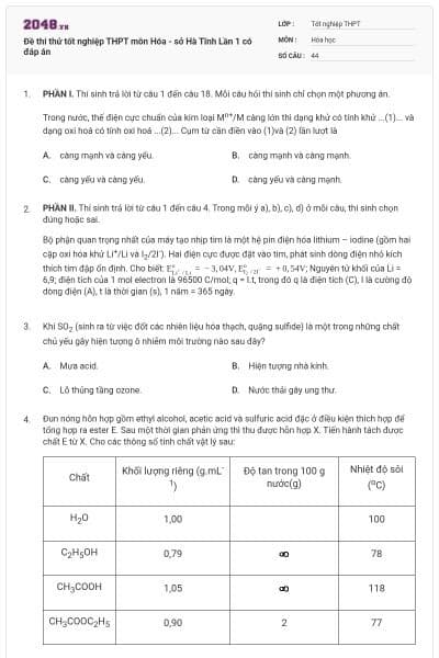 Đề thi thử tốt nghiệp THPT môn Hóa - sở Hà Tĩnh Lần 1 có đáp án