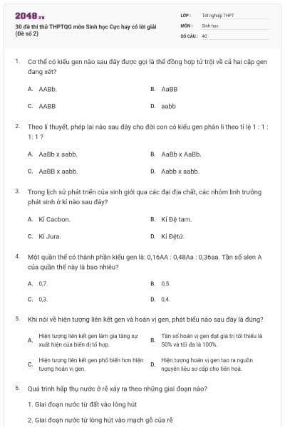 30 đề thi thử THPTQG môn Sinh học Cực hay có lời giải (Đề số 2)