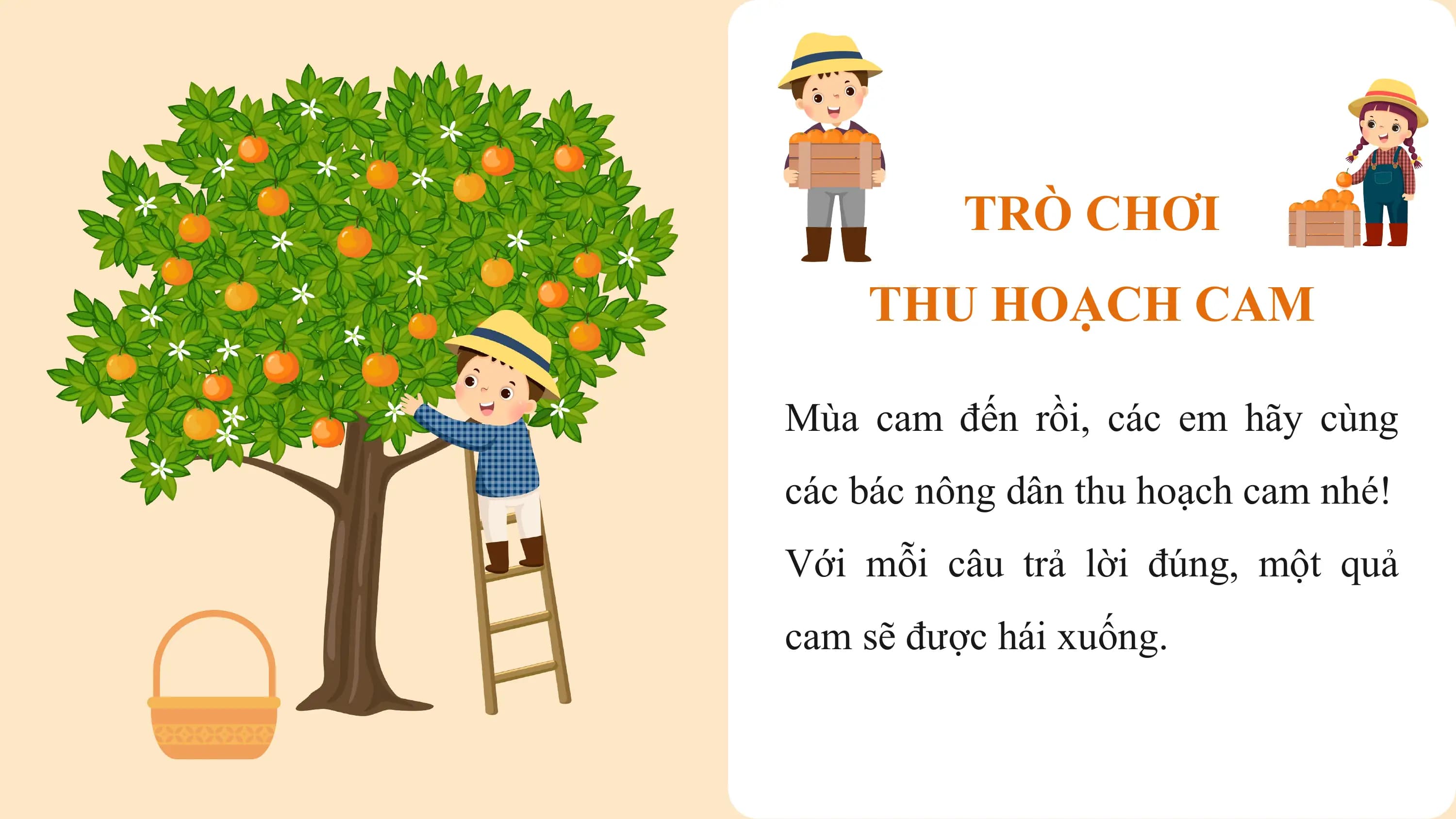 TRÒ CHƠI
 THU HOẠCH CAM

Mùa cam đến rồi, các em hãy cùng
các bác nông dân thu hoạch cam nhé!
Với mỗi câu trả lời đúng, một quả
cam sẽ được hái xuống.