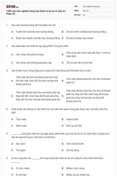 1000 câu trắc nghiệm tổng hợp Quản trị dự án có đáp án  - Phần 35