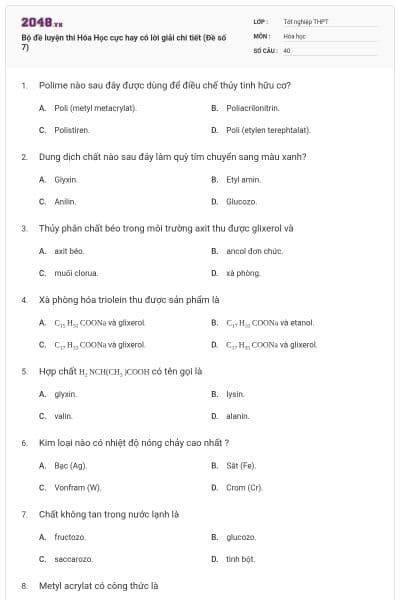 Bộ đề luyện thi Hóa Học cực hay có lời giải chi tiết (Đề số 7)