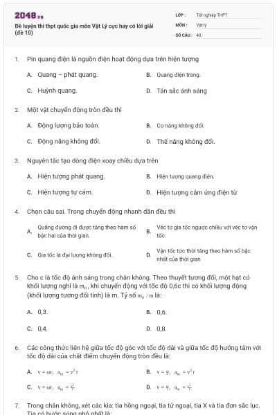 Đề luyện thi thpt quốc gia môn Vật Lý cực hay có lời giải (đề 10)