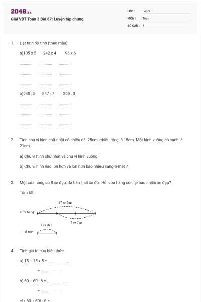 Giải VBT Toán 3 Bài 87: Luyện tập chung