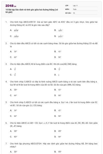 10 Bài tập Xác định và tính góc giữa hai đường thẳng (có lời giải)
