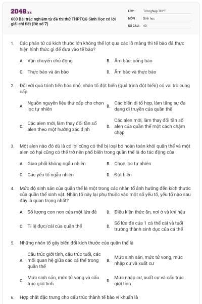 600 Bài trắc nghiệm từ đề thi thử THPTQG Sinh Học có lời giải chi tiết (Đề số 7)