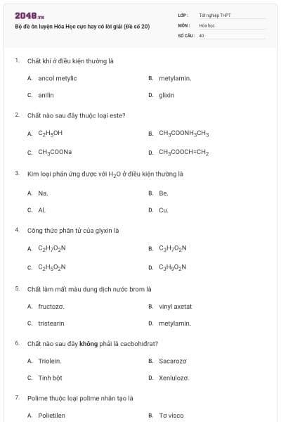 Bộ đề ôn luyện Hóa Học cực hay có lời giải (Đề số 20)