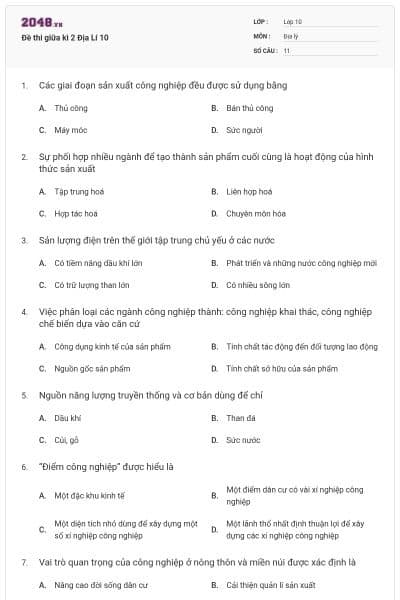 Đề thi giữa kì 2 Địa Lí 10