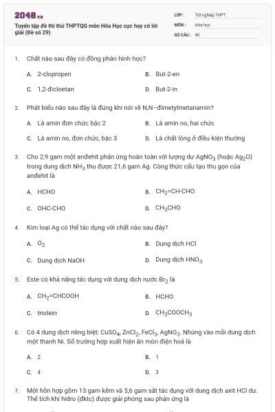Tuyển tập đề thi thử THPTQG môn Hóa Học cực hay có lời giải (Đề số 29)