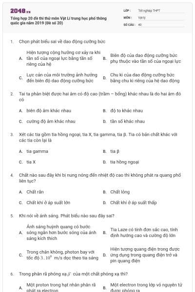 Tổng hợp 20 đề thi thử môn Vật Lí trung học phổ thông quốc gia năm 2019 (Đề số 20)
