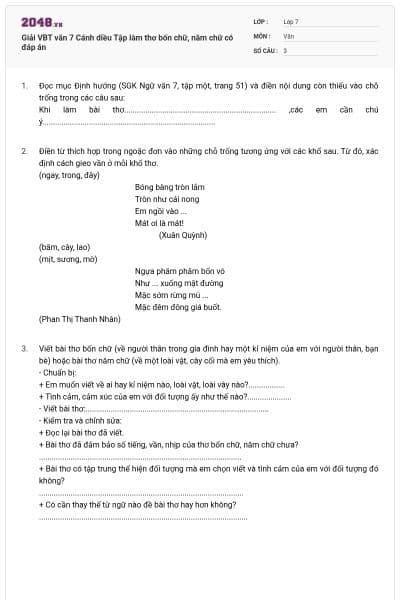 Giải VBT văn 7 Cánh diều Tập làm thơ bốn chữ, năm chữ có đáp án