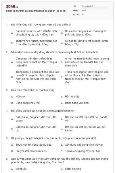 20 Đề thi thử thpt quốc gia môn Địa lí có đáp án (Đề số 15)