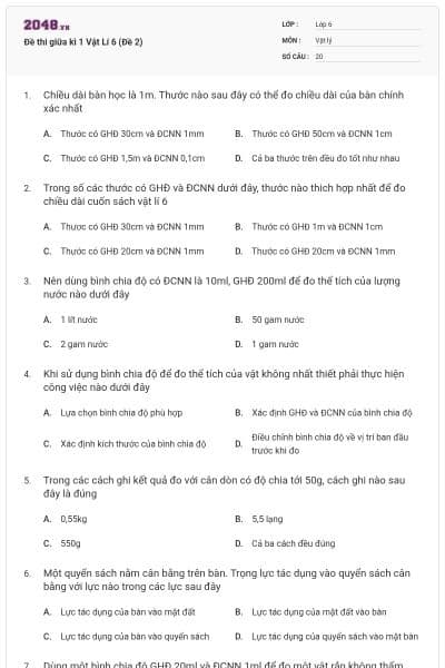 Đề thi giữa kì 1 Vật Lí 6 (Đề 2)