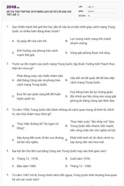 ĐỀ THI THỬ THPTQG 2019 MÔN LỊCH SỬ CÓ LỜI GIẢI CHI TIẾT (ĐỀ 1)