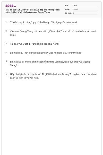Giải bài tập SGK Lịch Sử 4 Bài 26(Có đáp án): Những chính sách về kinh tế và văn hóa của vua Quang Trung