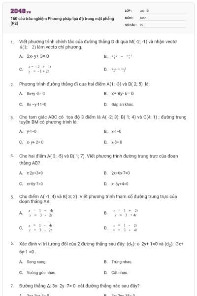 160 câu trắc nghiệm Phương pháp tọa độ trong mặt phẳng (P2)