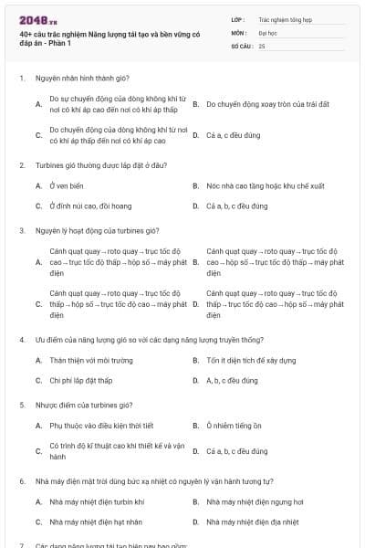 40+ câu trắc nghiệm Năng lượng tái tạo và bền vững có đáp án - Phần 1