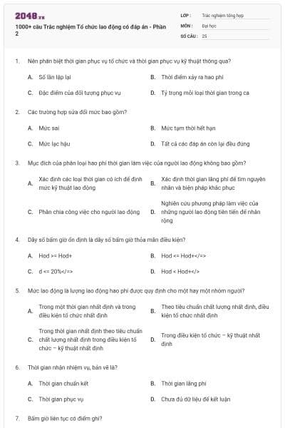 1000+ câu Trắc nghiệm Tổ chức lao động có đáp án - Phần 2