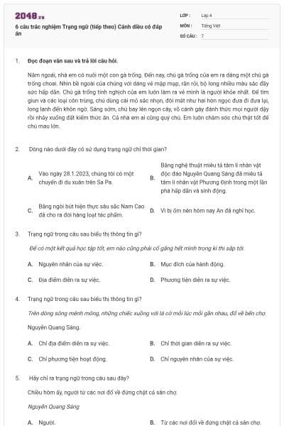 6 câu trắc nghiệm Trạng ngữ (tiếp theo) Cánh diều có đáp án