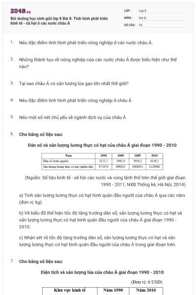 Bồi dưỡng học sinh giỏi lớp 8 Bài 8. Tình hình phát triển kinh tế - xã hội ở các nước châu Á