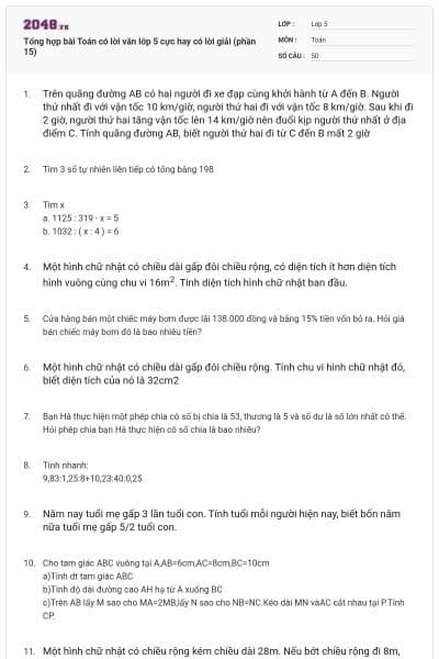 Tổng hợp bài Toán có lời văn lớp 5 cực hay có lời giải (phần 15)
