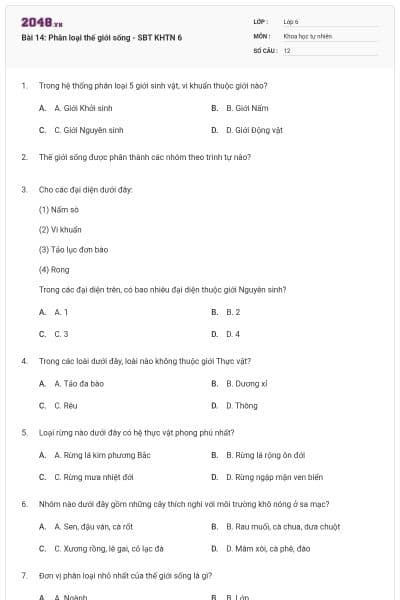 Bài 14: Phân loại thế giới sống - SBT KHTN 6