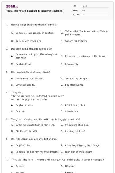 10 câu Trắc nghiệm Biện pháp tu từ nói mỉa (có đáp án)