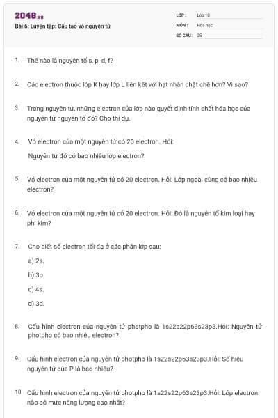 Bài 6: Luyện tập: Cấu tạo vỏ nguyên tử