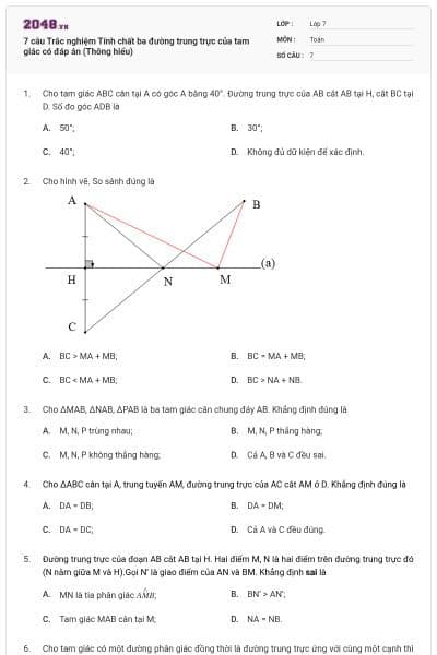 7 câu Trắc nghiệm Tính chất ba đường trung trực của tam giác có đáp án (Thông hiểu)