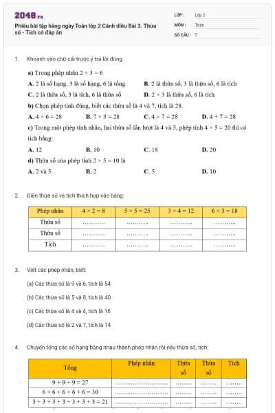 Phiếu bài tập hàng ngày Toán lớp 2 Cánh diều Bài 3. Thừa số - Tích có đáp án