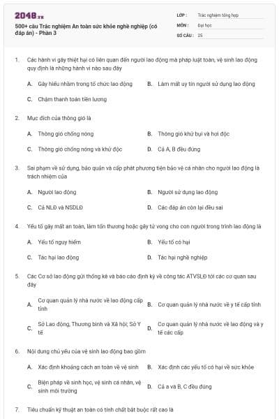 500+ câu Trắc nghiệm An toàn sức khỏe nghề nghiệp (có đáp án) - Phần 3