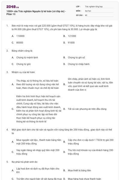 1000+ câu Trắc nghiệm Nguyên lý kế toán (có đáp án) - Phần 13