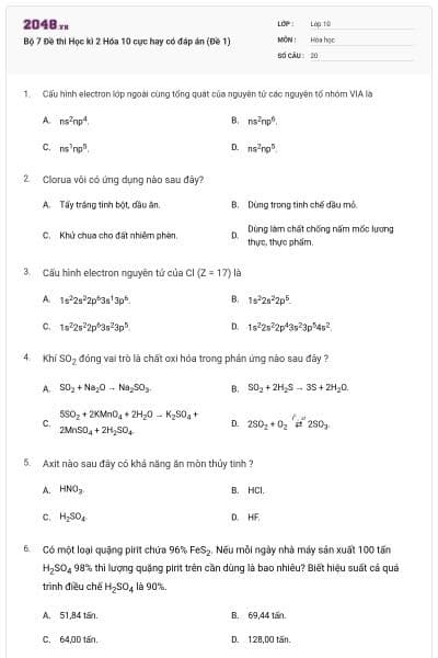 Bộ 7 Đề thi Học kì 2 Hóa 10 cực hay có đáp án (Đề 1)