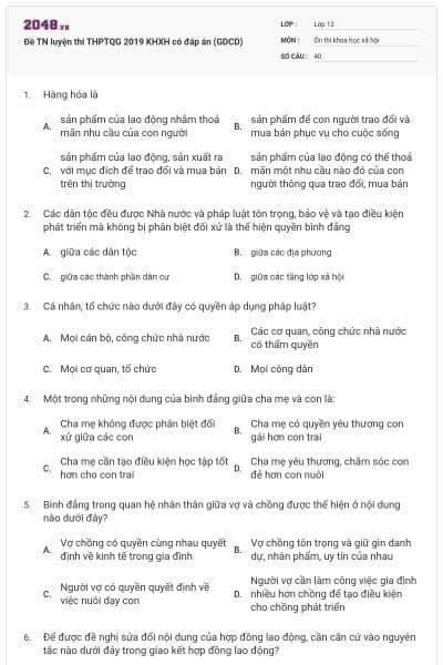 Đề TN luyện thi THPTQG 2019 KHXH có đáp án (GDCD)
