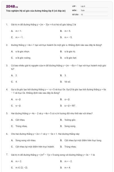 Trắc nghiệm Hệ số góc của đường thẳng lớp 8 (có đáp án)