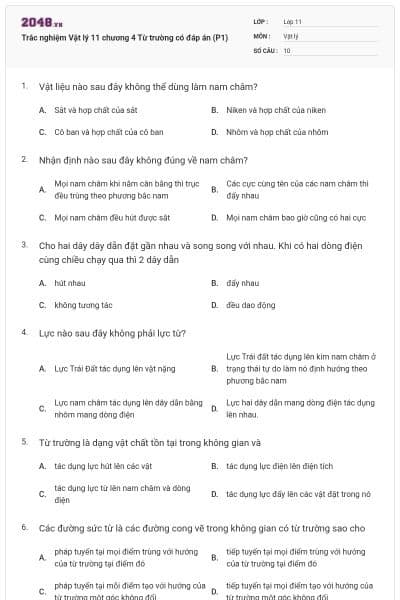 Trắc nghiệm Vật lý 11 chương 4 Từ trường có đáp án (P1)