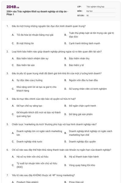 200+ câu Trắc nghiệm Khởi sự doanh nghiệp có đáp án - Phần 1