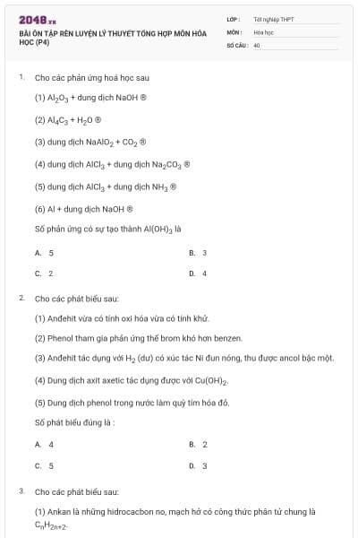 BÀI ÔN TẬP RÈN LUYỆN LÝ THUYẾT TỔNG HỢP MÔN HÓA HỌC (P4)