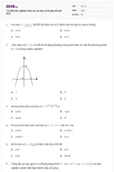 113 Bài trắc nghiệm Hàm số cực hay có lời giải chi tiết (P2)