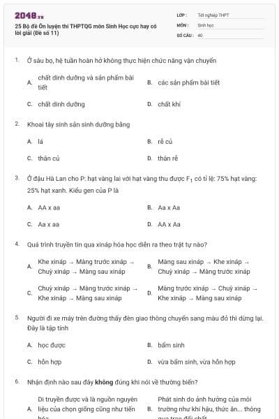 25 Bộ đề Ôn luyện thi THPTQG môn Sinh Học cực hay có lời giải (Đề số 11)