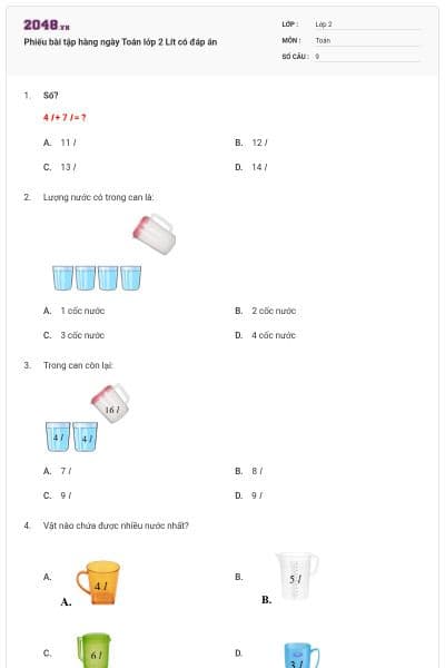 Phiếu bài tập hàng ngày Toán lớp 2 Lít có đáp án