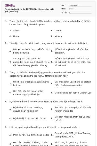 Tuyển tập Bộ đề thi thử THPTQG Sinh Học cực hay có lời giải (Đề số 11)