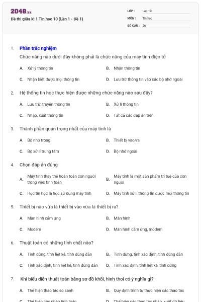 Đề thi giữa kì 1 Tin học 10 (Lần 1 - Đề 1)